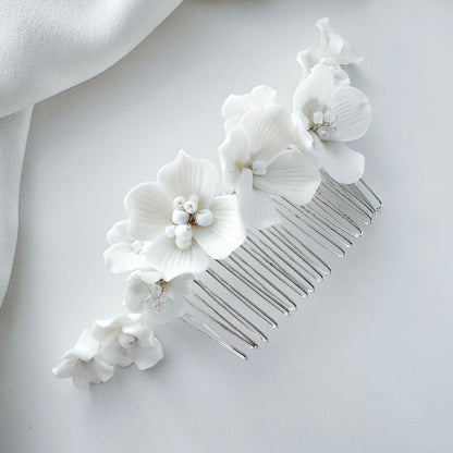 Marigold White Porcelain Flower Bridal Hair Comb Wedding Hair Accessory