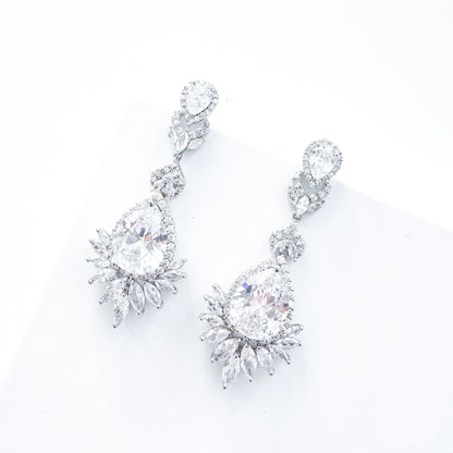 Cubic Zirconia Crystal Long Dangle Earrings with Teardrop and Diamond Shape Detail