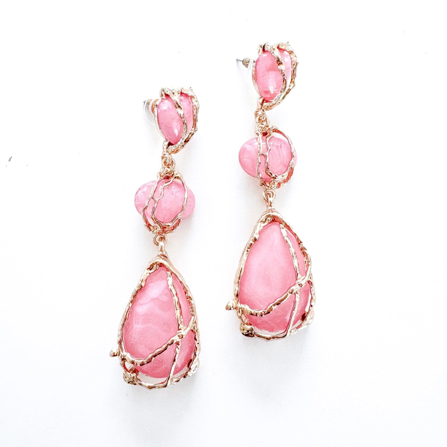 Gold Drip Bright Pink Crystal Drop Earrings – Statement Party, Bridal & Summer Jewellery