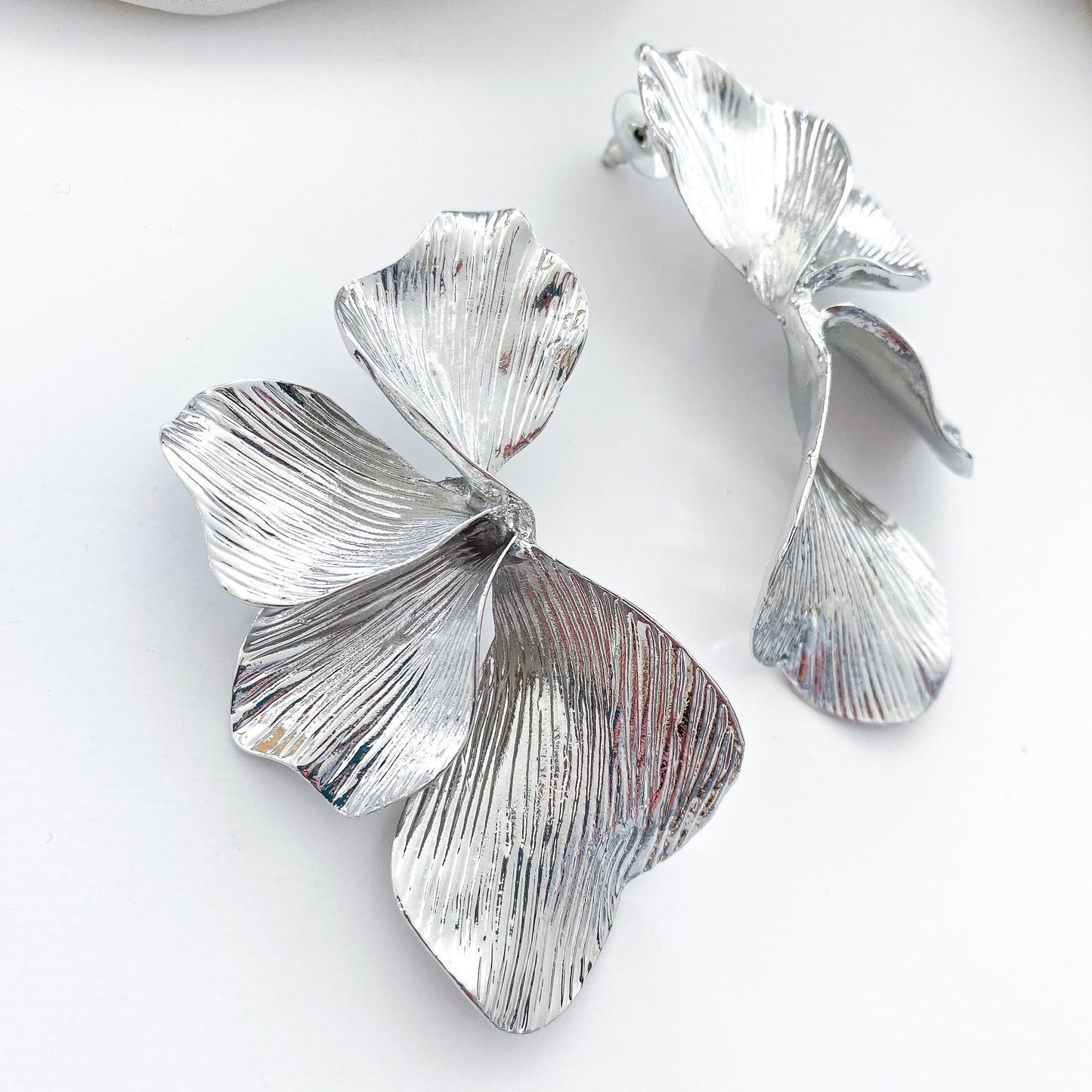 Statement Silver Iris Petal Flower Earrings