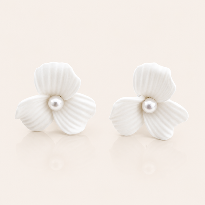 Delicate Porcelain Flower & Pearl Stud Earrings