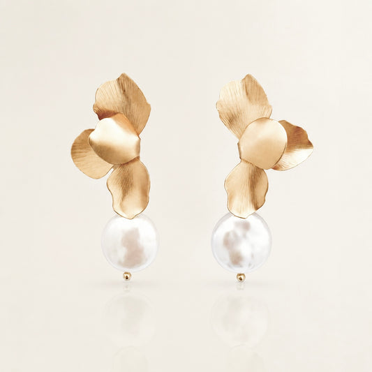 Gold Folded Flower Pearl Earrings