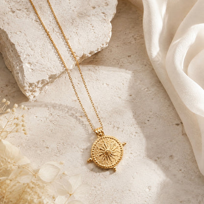 Sun Compass Pendant Necklace | Waterproof 18k Gold PVD Necklace