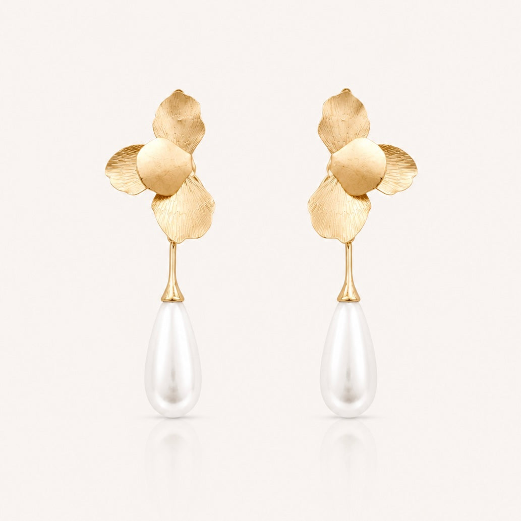 Gold Folded Flower and Teardrop Pearl Earrings
