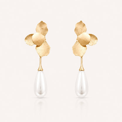 Gold Folded Flower and Teardrop Pearl Earrings
