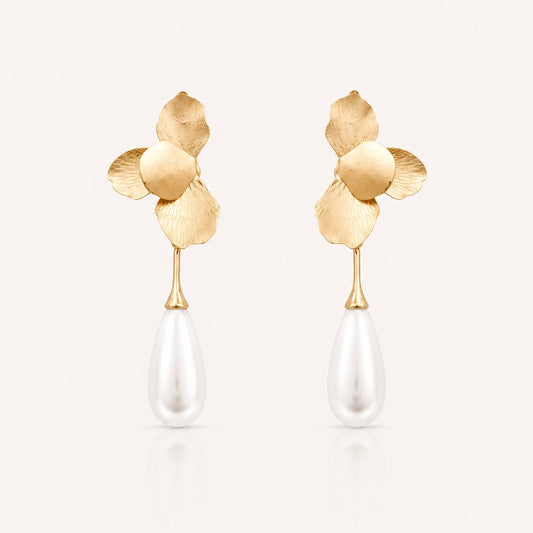 Gold Folded Flower and Teardrop Pearl Earrings