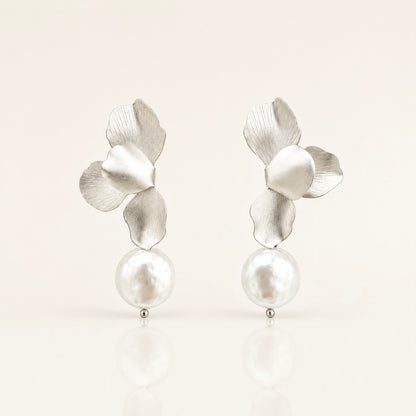 Silver Folded Flower Pearl Earrings
