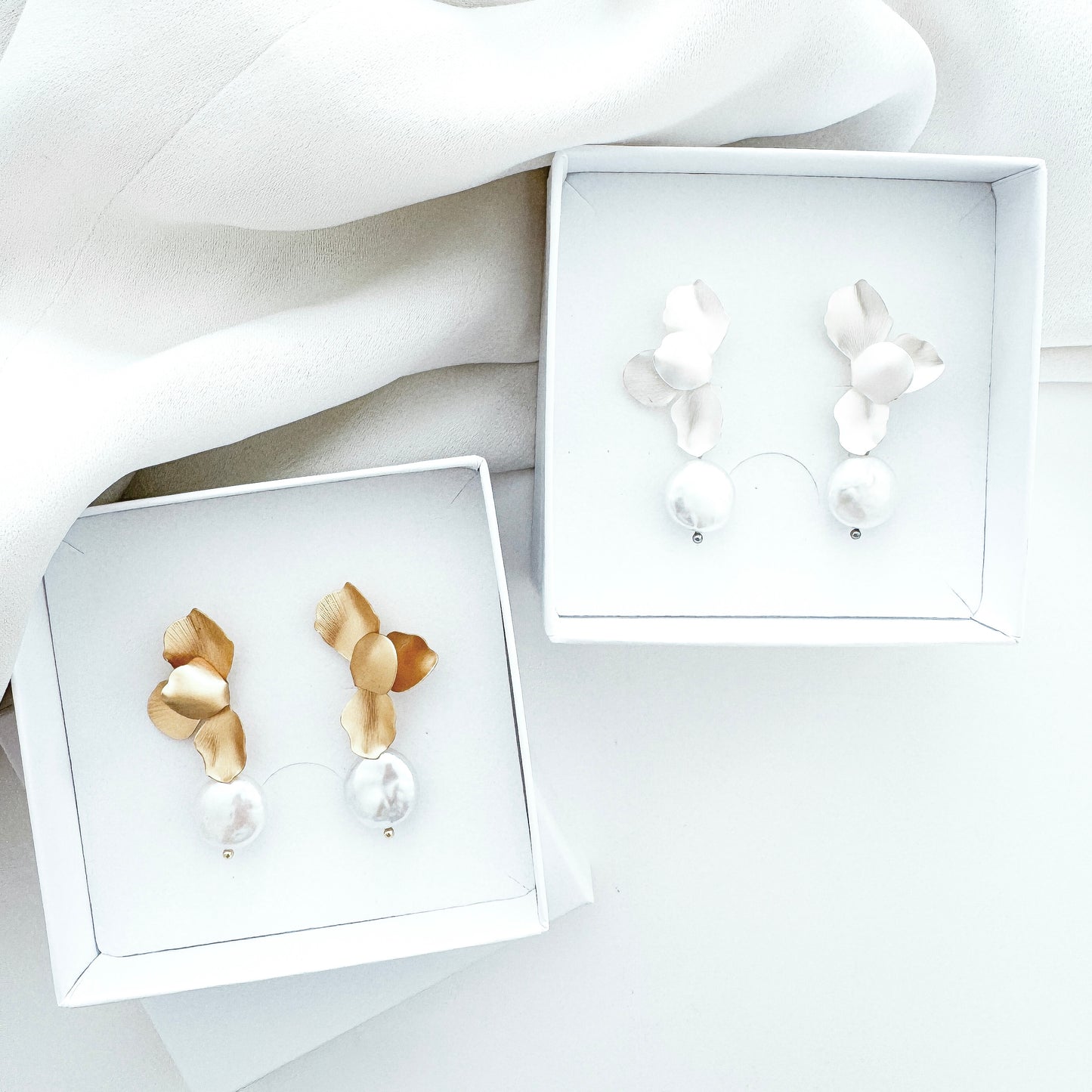 Silver Folded Flower Pearl Earrings