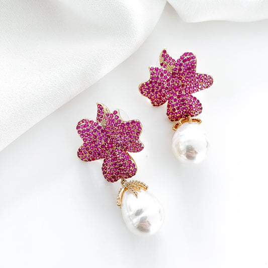 Deluxe Baroque Pearl and Pink Crystal Flower Earrings