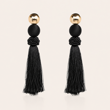 Large Black Tassel Statement Earrings – Gold & Black French Chic Evening Earrings