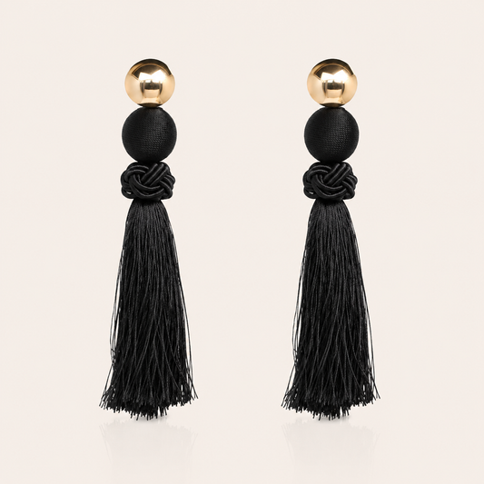 Large Black Tassel Statement Earrings – Gold & Black French Chic Evening Earrings