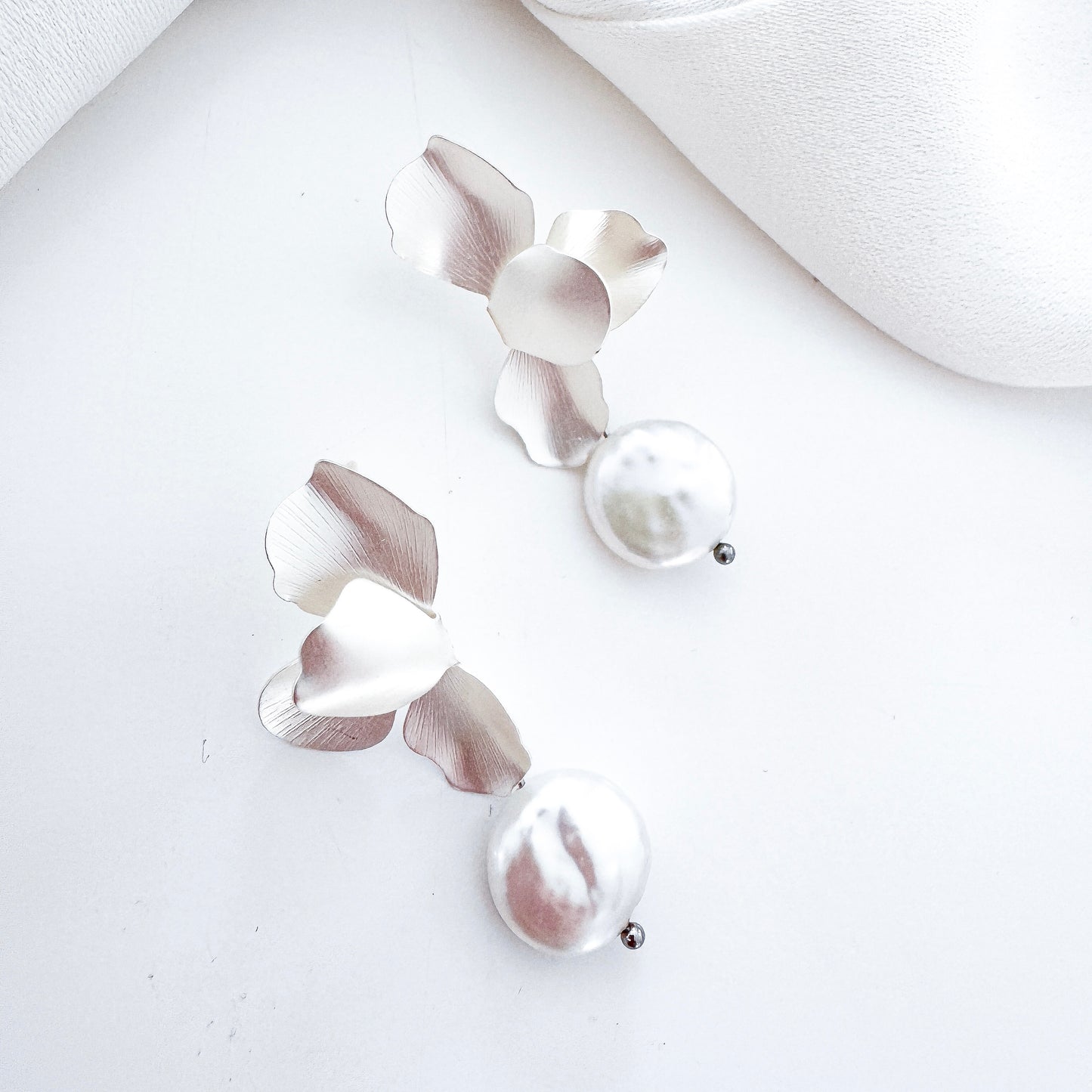 Silver Folded Flower Pearl Earrings