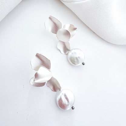 Silver Folded Flower Pearl Earrings