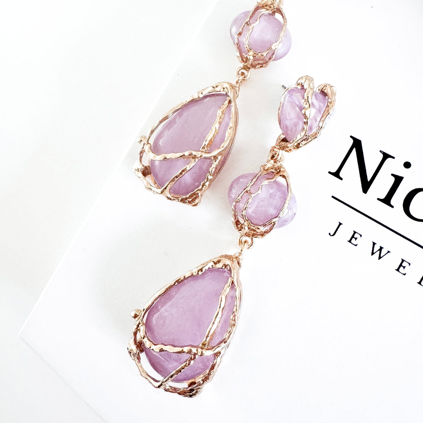 Gold Drip Light Purple Crystal Drop Earrings – Statement Party, Bridal & Summer Jewellery