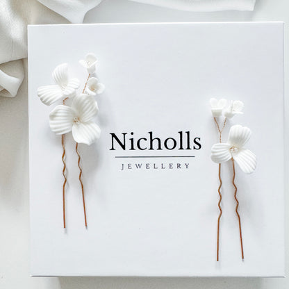 Porcelain Floral Spray Gold Pins x 2