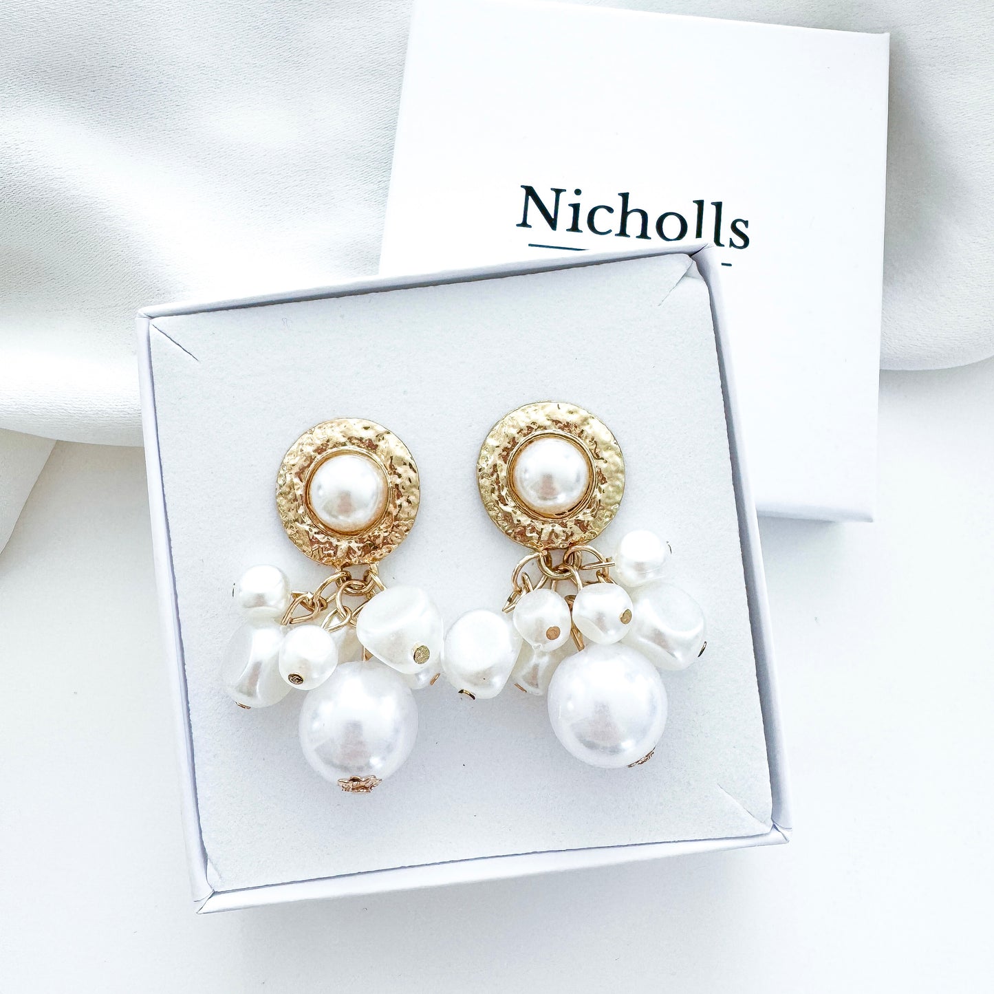 Gold and Pearl Cluster Drop Modern Grecian Earrings