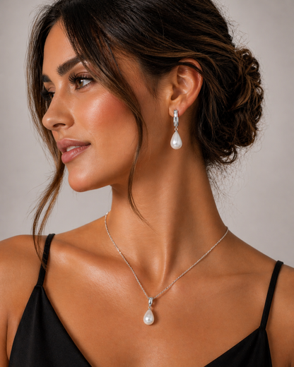 Bridesmaid Pearl Teardrop Huggie Jewellery Gift Set – Sterling Silver Pearl Necklace & Earrings