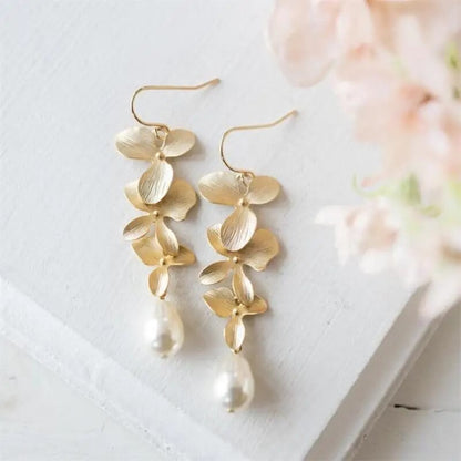 Delicate Gold Flower and Pearl Dangle Earrings