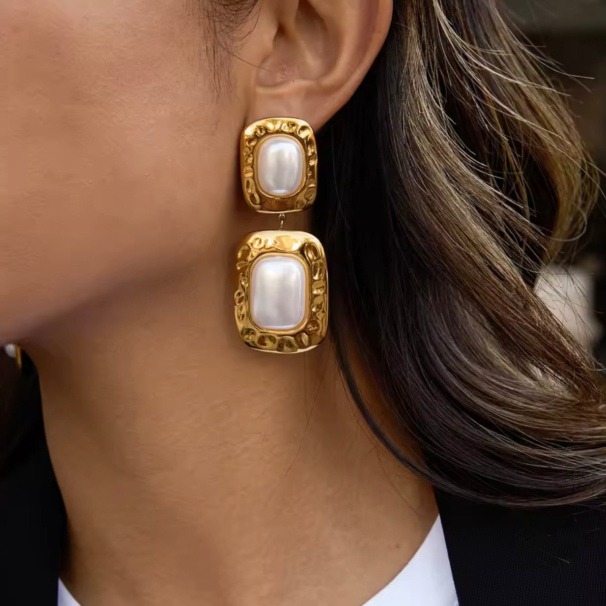 Gold Rectangle Pearl Earrings – Waterproof Everyday & Bridal Statement Earrings