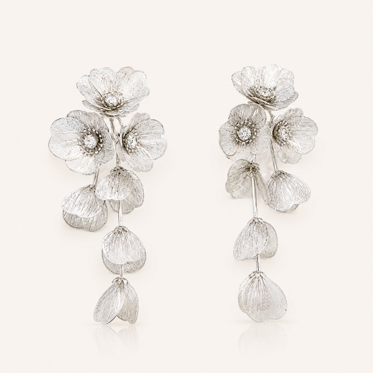 Waterfall Statement Silver Flower Earrings