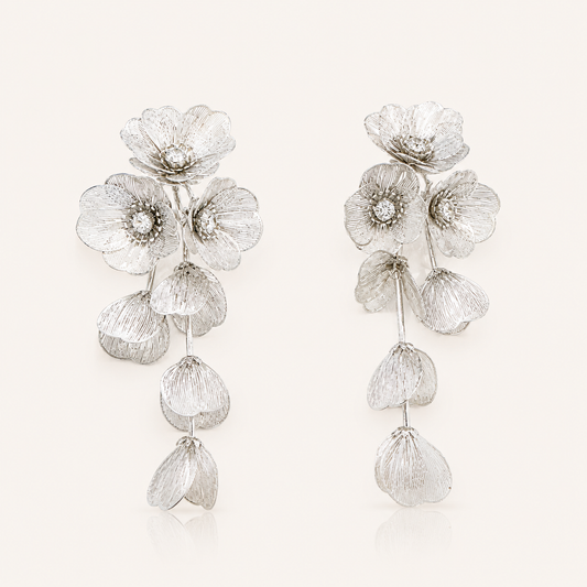 Waterfall Statement Silver Flower Earrings