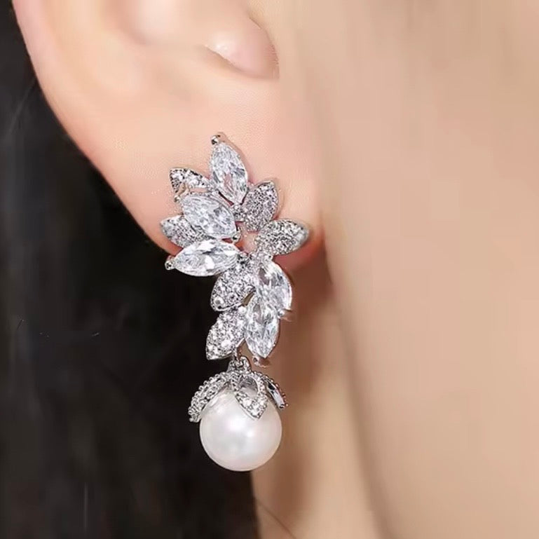 Glamourous Cubic Zirconia Crystal and Pearl Dangle Earrings