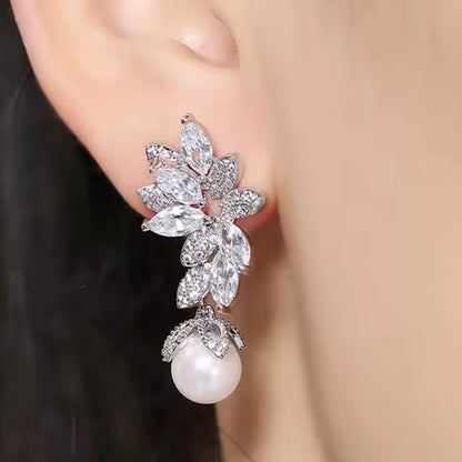 Glamourous Cubic Zirconia Crystal and Pearl Dangle Earrings
