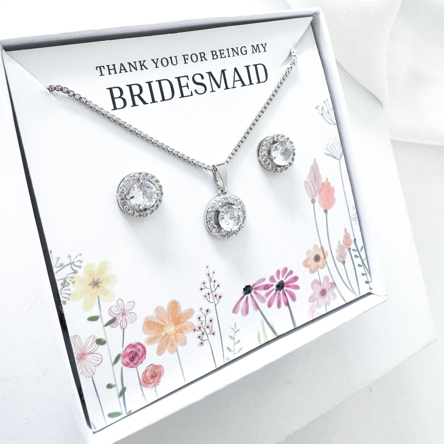 Bridesmaid Jewellery Gift Set – Round Cubic Zirconia Earrings & Necklace Thank You Gift Set