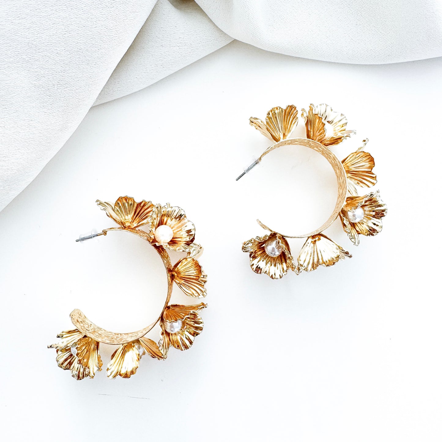 Statement Gold Flower and Pearl Centre Hoop Earrings