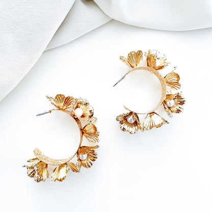 Statement Gold Flower and Pearl Centre Hoop Earrings