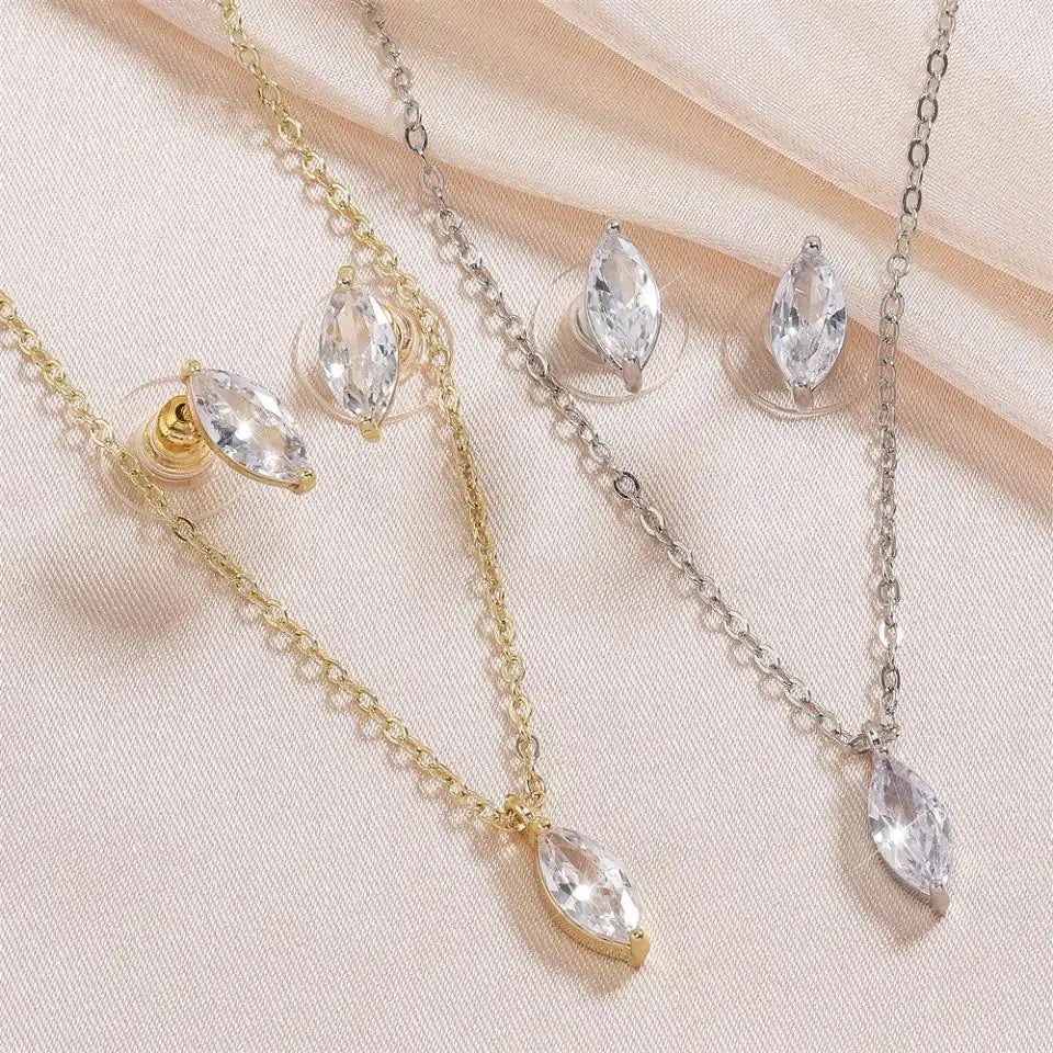 Marquise Crystal Necklace and Earring Set Gold