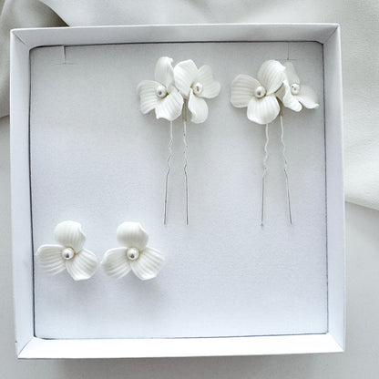 Delicate Porcelain Flower & Pearl Stud Earrings with matching Porcelain Flower Hair Pins