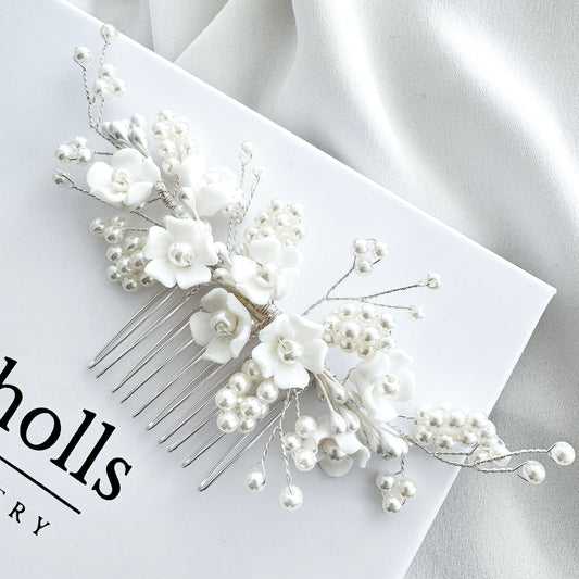 Wedding Bridal Hair Comb with Porcelain Flowers and Ball Pearls