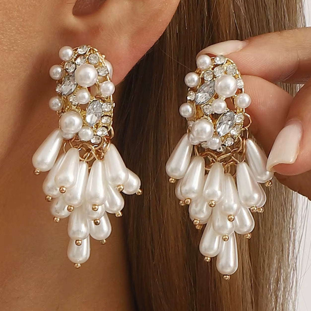 Pearl Tassel Dangle Statement Earrings with Oval Sparkle and Pearl Top Detail