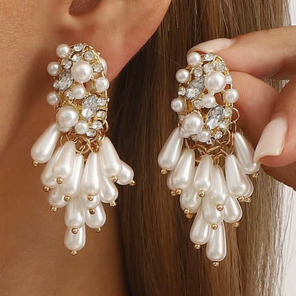 Pearl Tassel Dangle Statement Earrings with Oval Sparkle and Pearl Top Detail