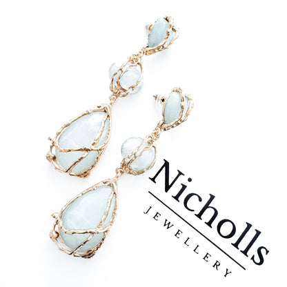 Gold Drip & Blue Grey Crystal Drop Earrings – Statement Party, Bridal & Christmas Jewellery