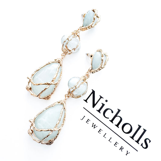 Gold Drip & Blue Grey Crystal Drop Earrings – Statement Party, Bridal & Christmas Jewellery