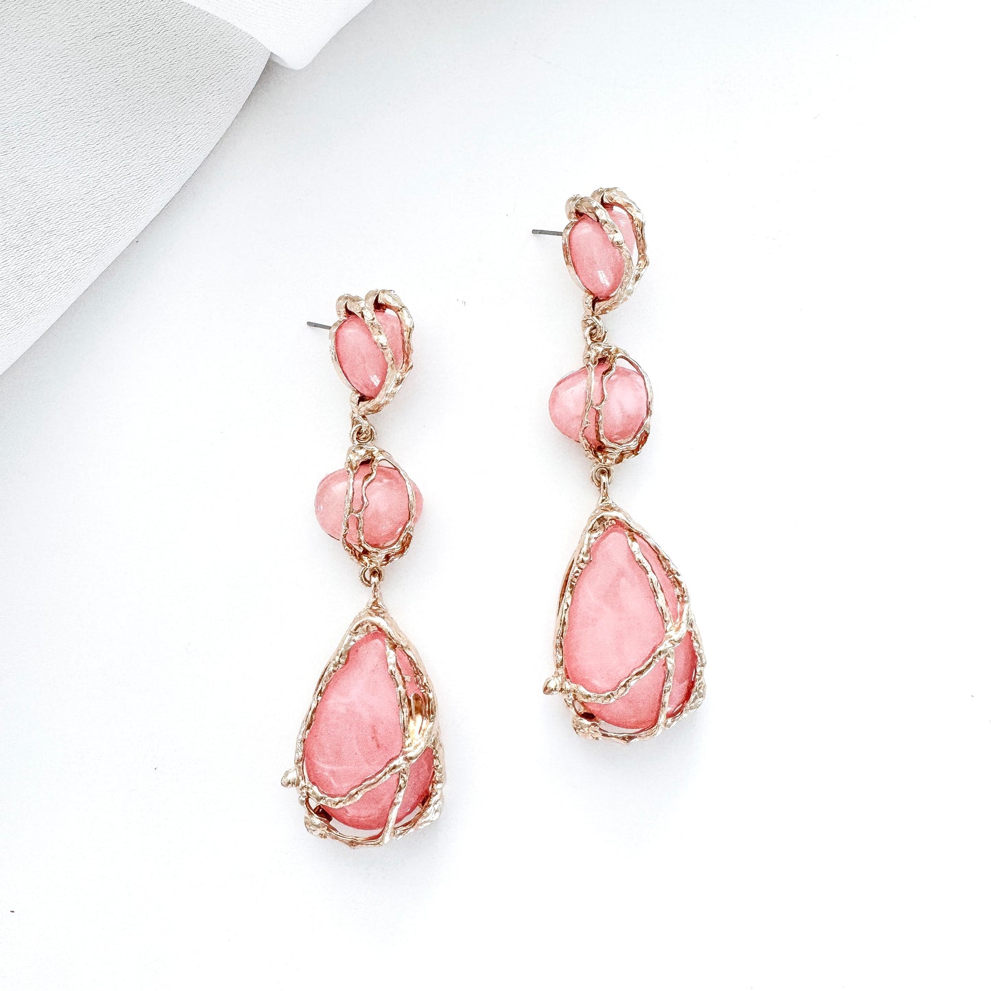 Gold Drip & Salmon Pink Crystal Drop Earrings – Statement Party, Bridal & Christmas Jewellery