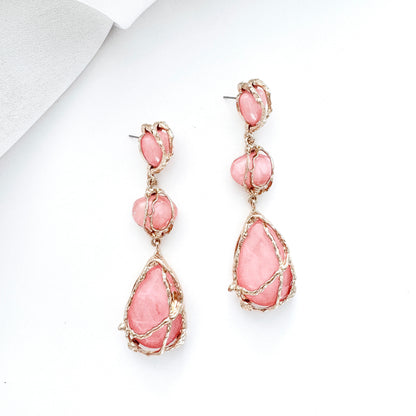 Gold Drip & Salmon Pink Crystal Drop Earrings – Statement Party, Bridal & Christmas Jewellery