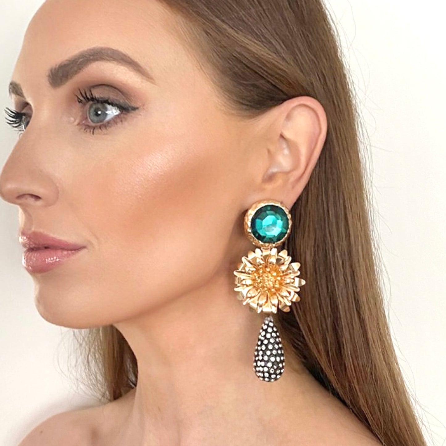 Statement Emerald Stone Gold Flower Crystal Drop Earrings