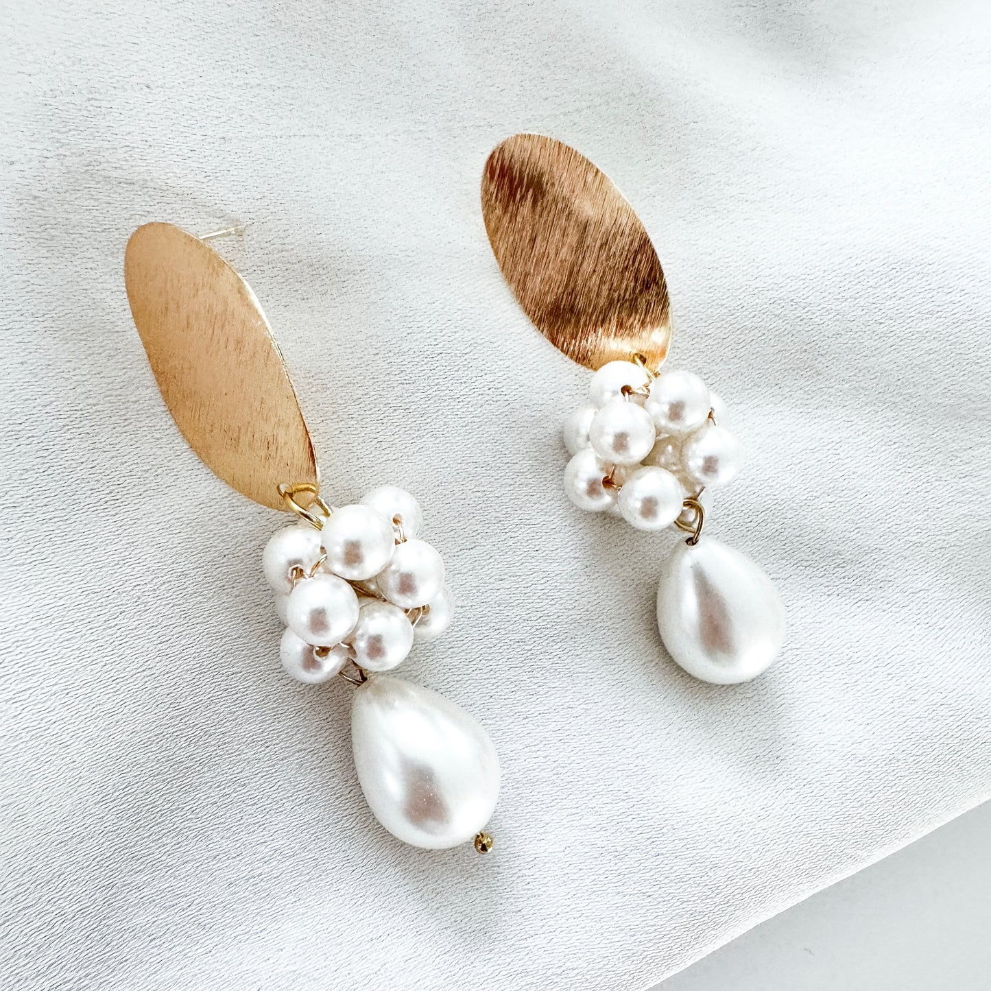 Brushed Gold Oval Cluster Ball and Chunky Pearl Statement Earrings