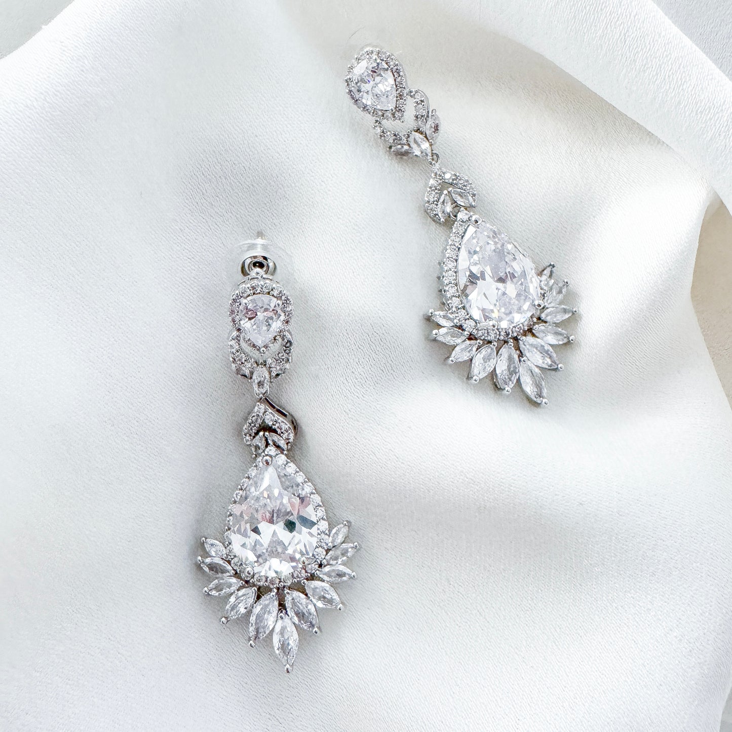 Cubic Zirconia Crystal Long Dangle Earrings with Teardrop and Diamond Shape Detail