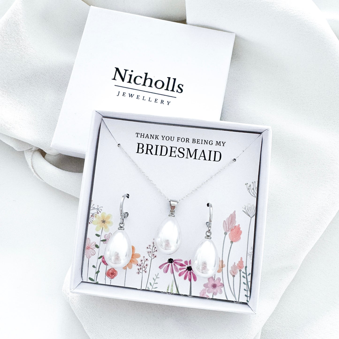 Bridesmaid Pearl Teardrop Huggie Jewellery Gift Set – Sterling Silver Pearl Necklace & Earrings