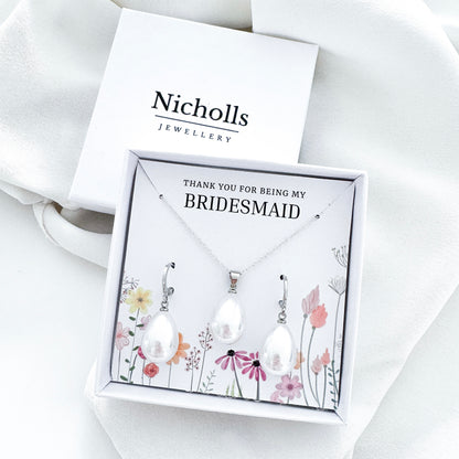 Bridesmaid Pearl Teardrop Huggie Jewellery Gift Set – Sterling Silver Pearl Necklace & Earrings