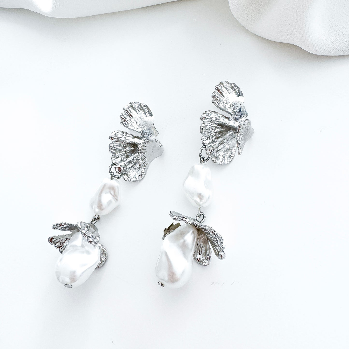 Pearl Bud Fan Silver Leaf Drop Earrings
