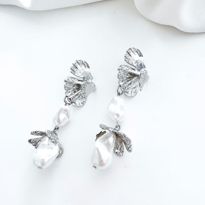 Pearl Bud Fan Silver Leaf Drop Earrings