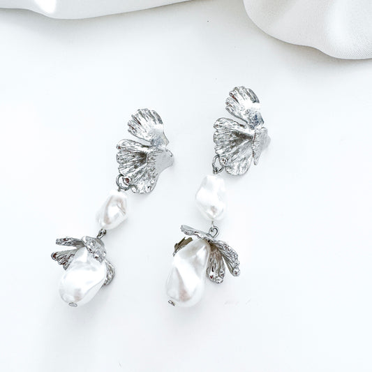 Pearl Bud Fan Silver Leaf Drop Earrings