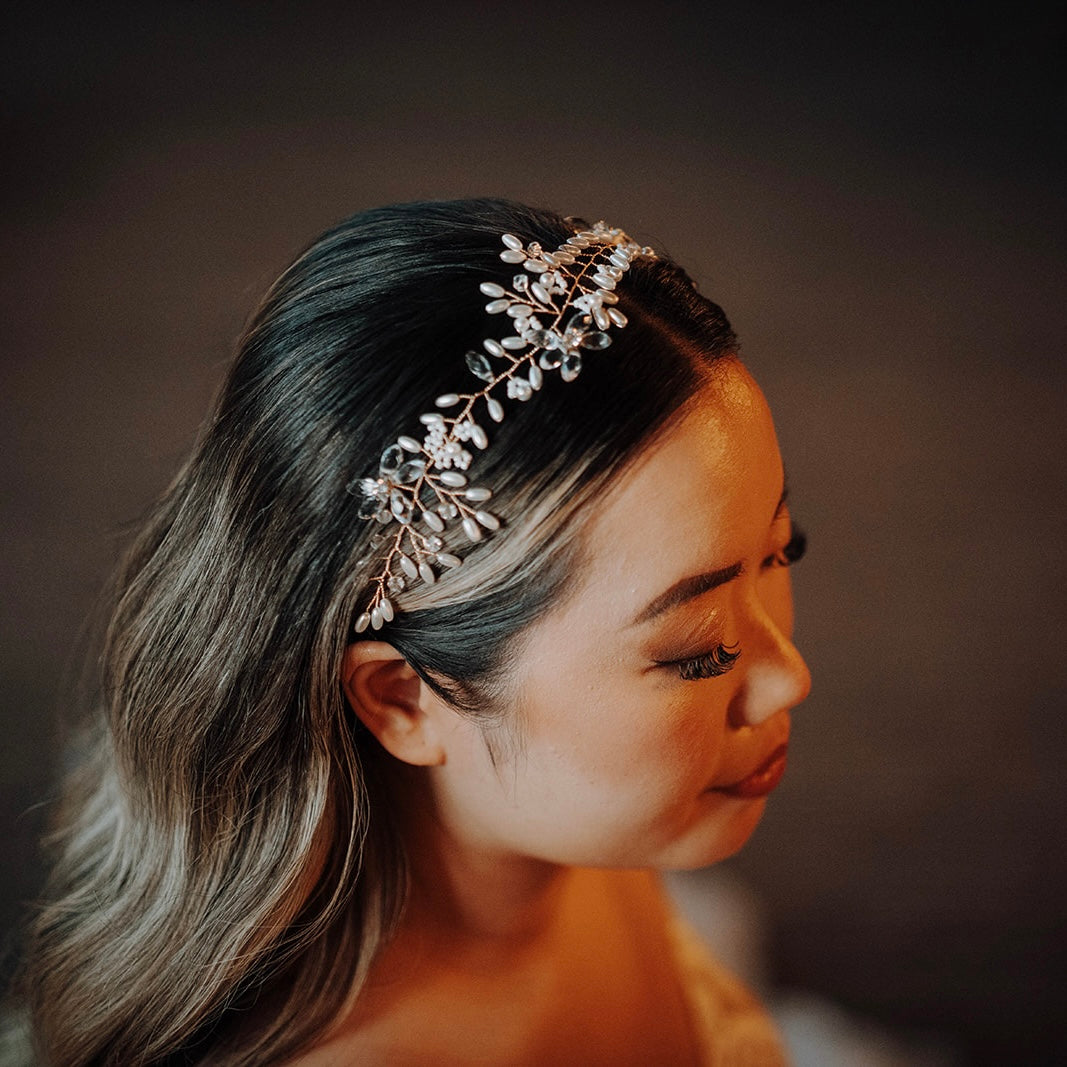 Oval Seed Bead and Crystal Delicate Petite Hair Vine for Wedding