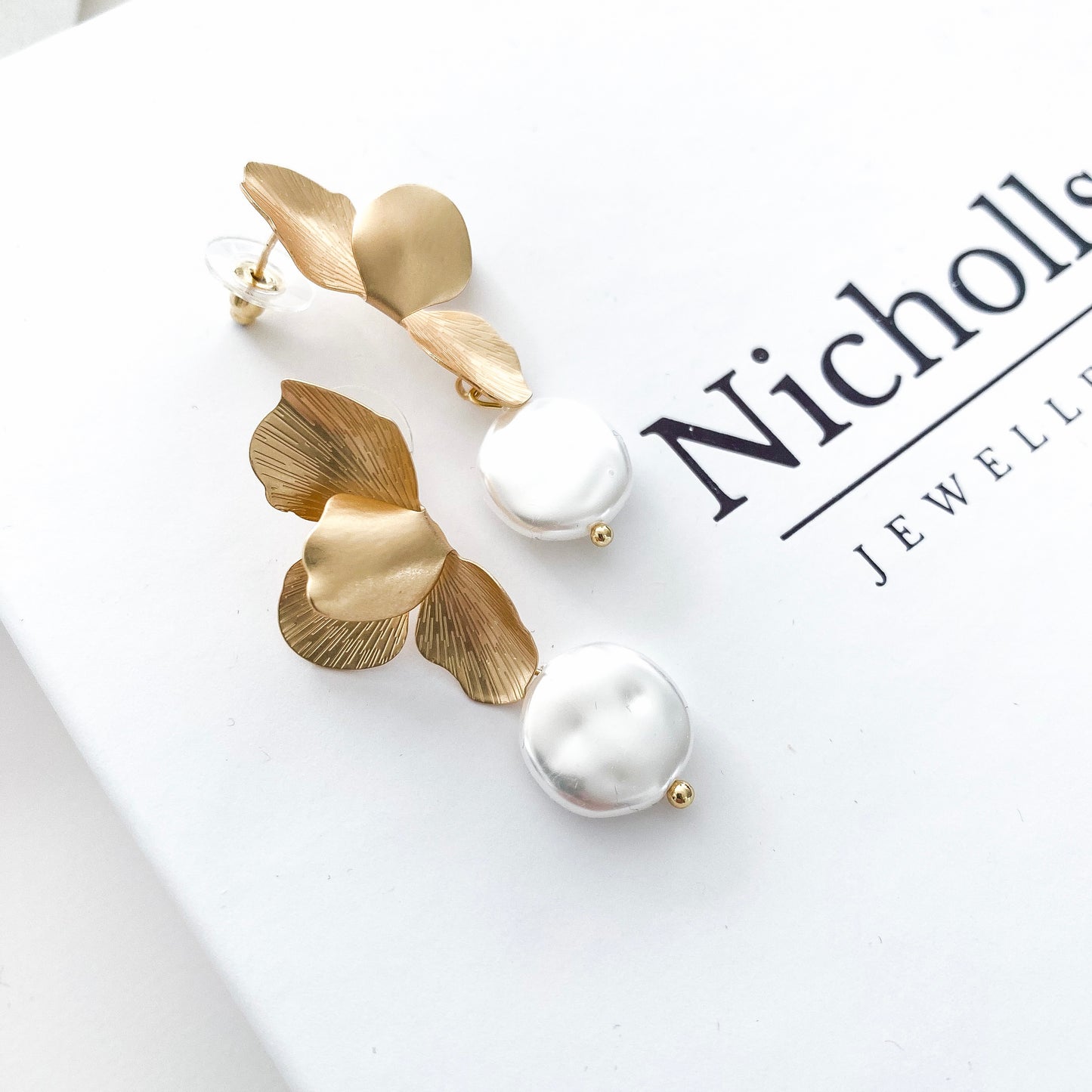 Gold Folded Flower Pearl Earrings