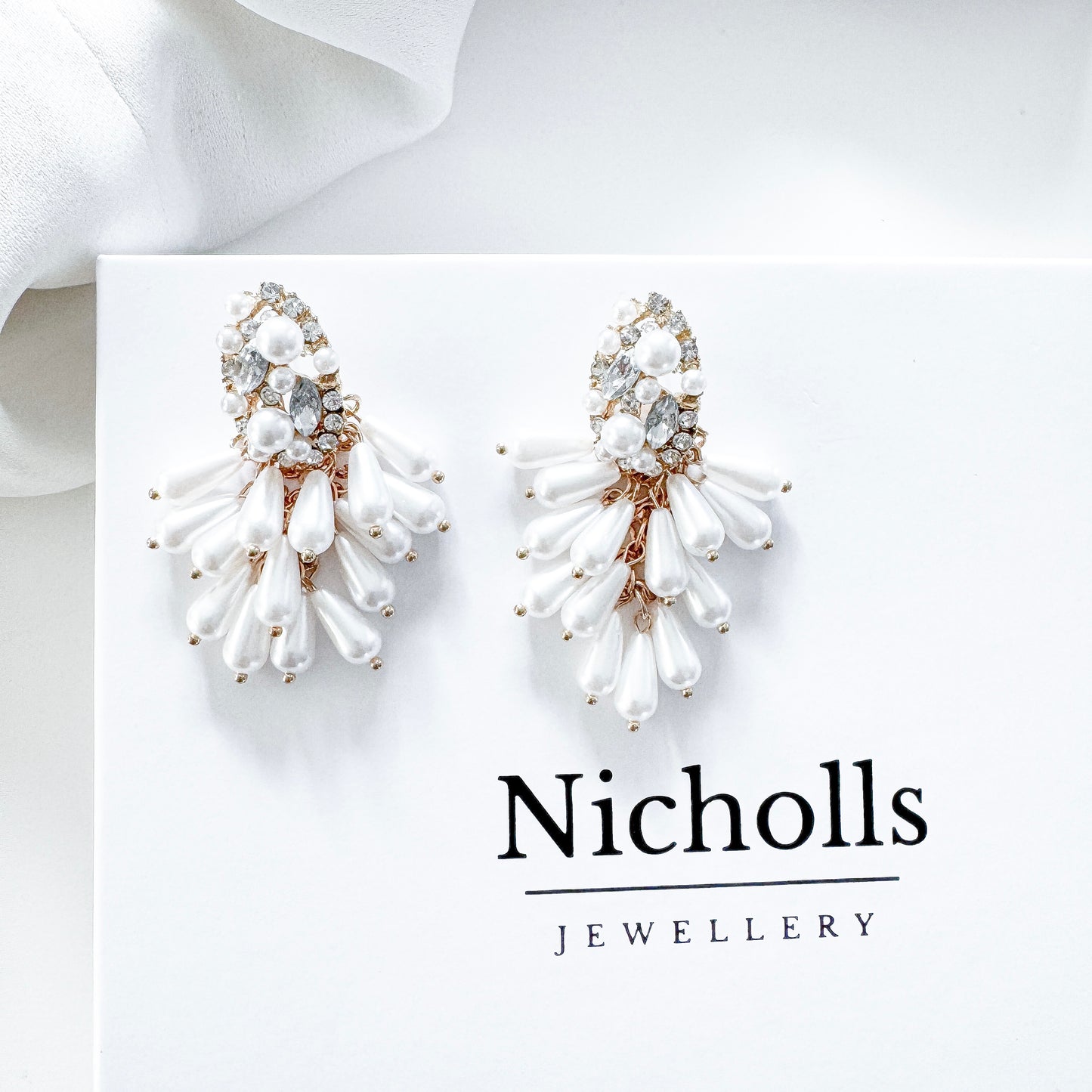 Pearl Tassel Dangle Statement Earrings with Oval Sparkle and Pearl Top Detail